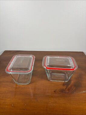 Pyrex 7213 Glass Food Storage Containers with Red Rim Lids 450 ml - 2 Pcs Small